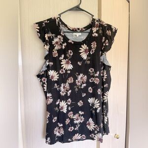 1X Maurice top. Black floral print.